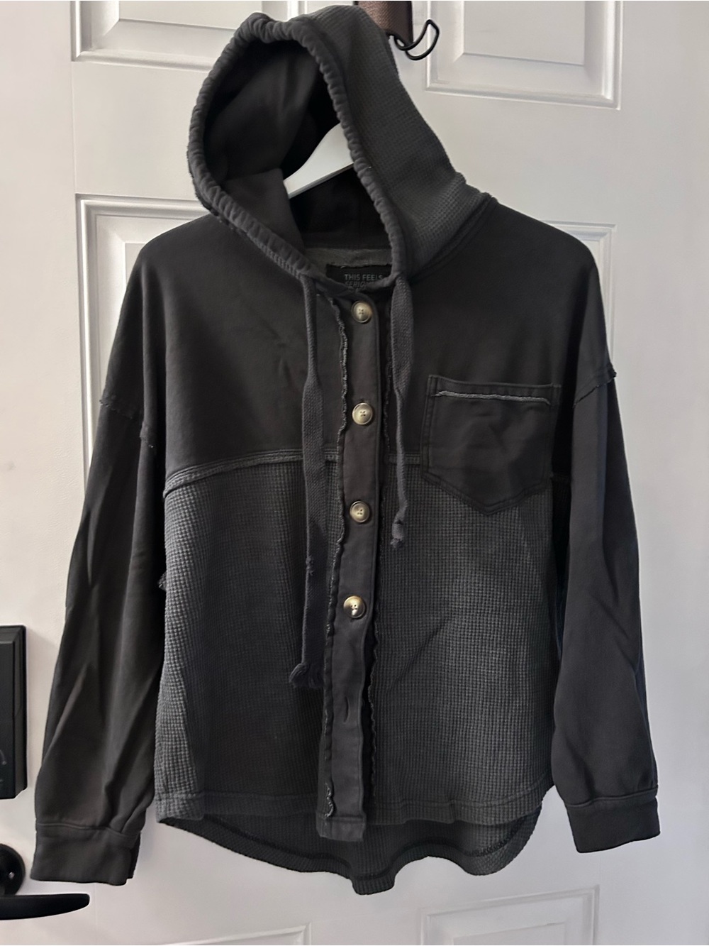 American Eagle Outfitters Black Hooded Button-Front Sweatshirt